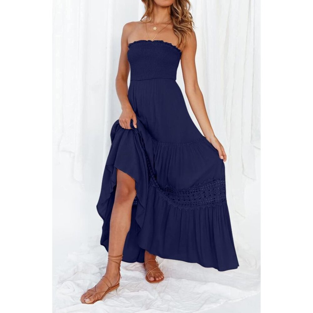 Women's Blue Summer Bohemian Strapless Off Shoulder Lace Trim Backless Flowy - Picture 9 of 9
